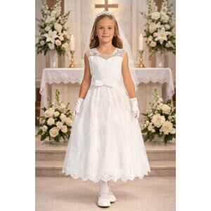 NEW Girls First Holy Communion Dress Size 6 - Corded Emb Tulle Sequin Tea-Length